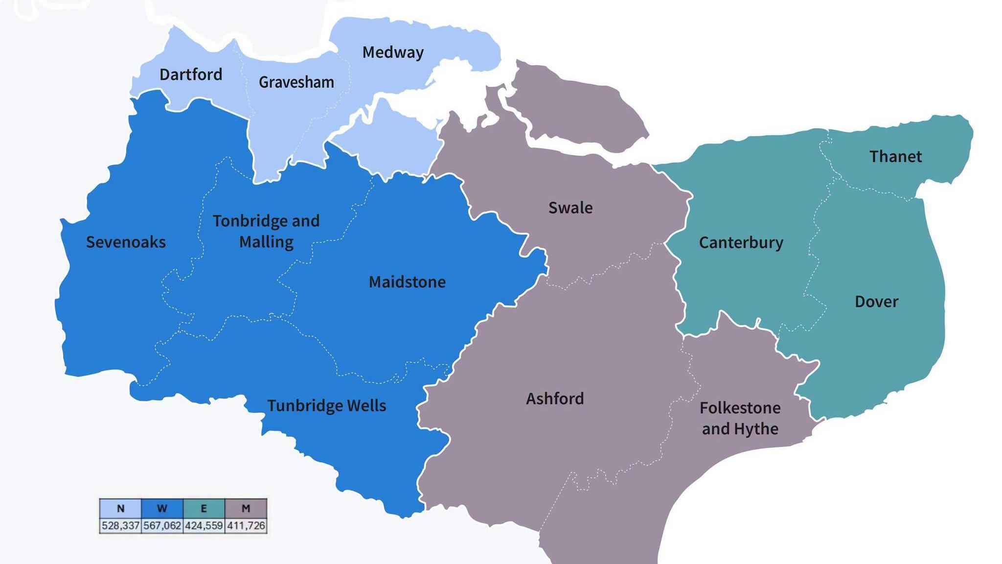 Kent Local Government Reorganisation 2028 showing the four new unitary authorities across Kent and Medway.